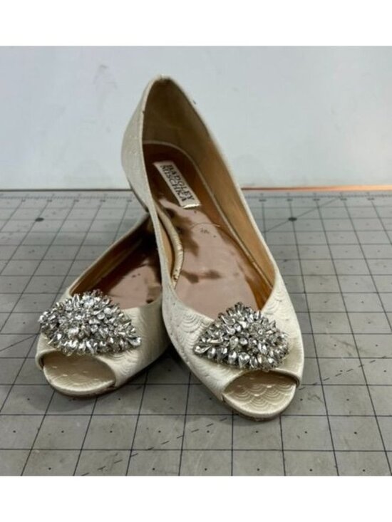 Badgley Mischka Shoes - Badgley Mischka Ivory Satin Embellished Flats Peep Toe Sz. 6.5 Leather Sole ~